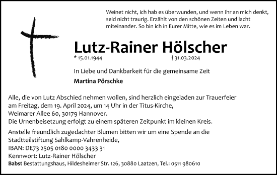 Traueranzeige von Lutz-Rainer Hölscher von Hannoversche Allgemeine Zeitung/Neue Presse