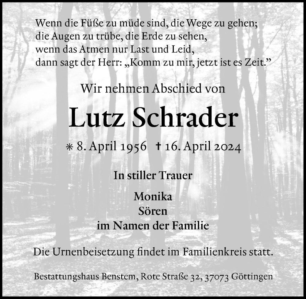  Traueranzeige für Lutz Schrader vom 27.04.2024 aus Göttinger Tageblatt