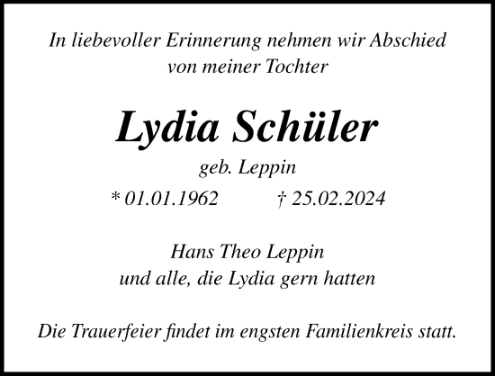 Traueranzeige von Lydia Schüler von Lübecker Nachrichten