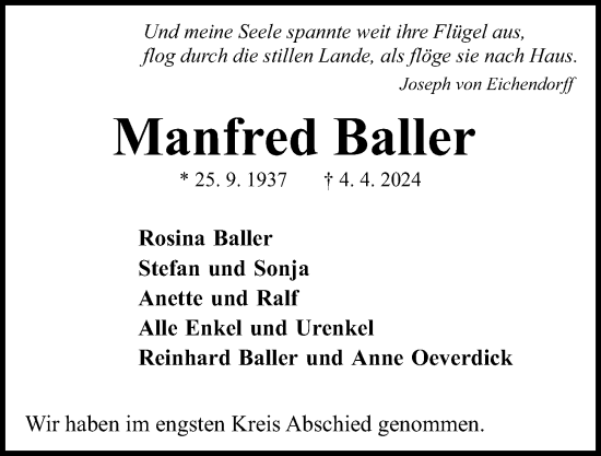 Traueranzeige von Manfred Baller von Kieler Nachrichten