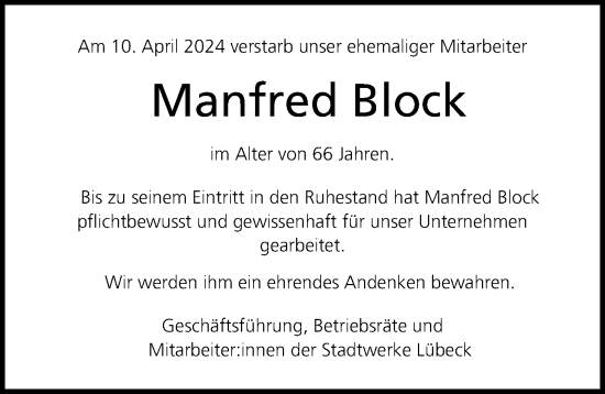 Traueranzeige von Manfred Block von Lübecker Nachrichten