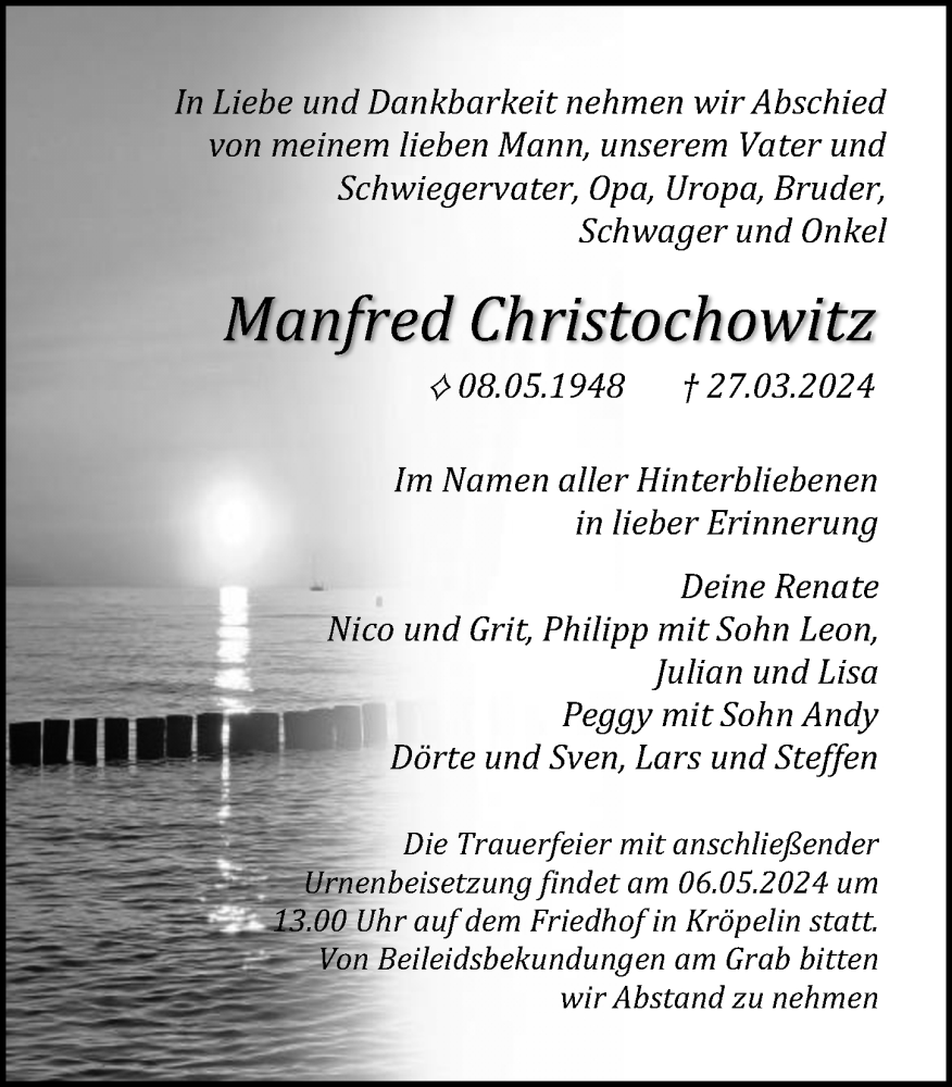  Traueranzeige für Manfred Christochowitz vom 06.04.2024 aus Ostsee-Zeitung GmbH