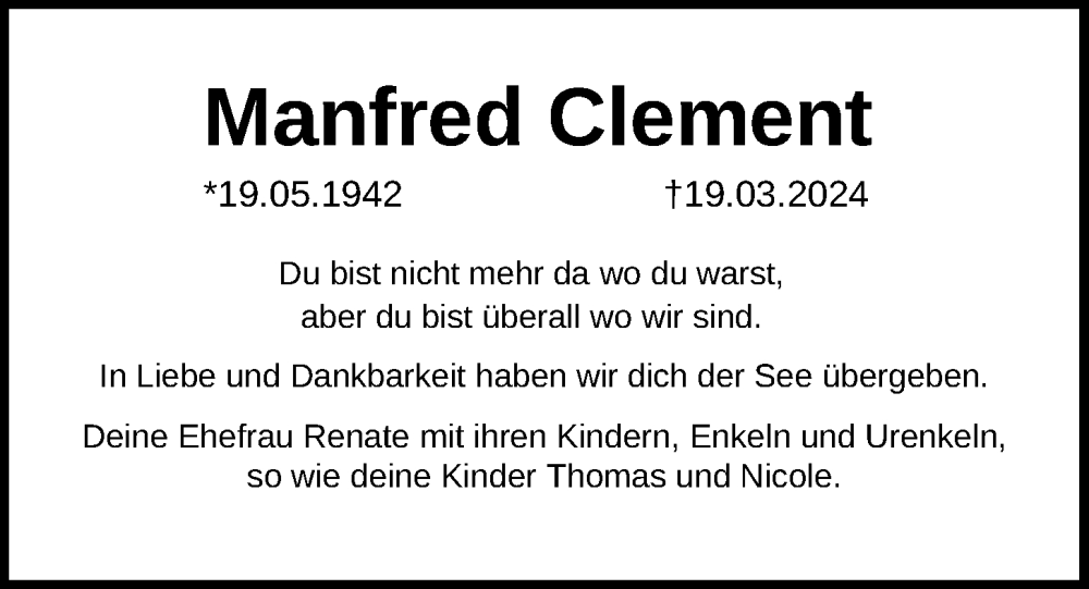  Traueranzeige für Manfred Clement vom 20.04.2024 aus Kieler Nachrichten