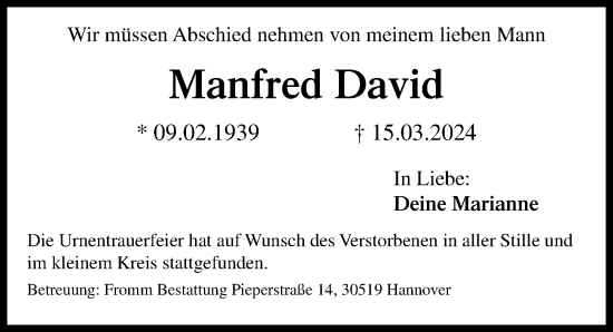 Traueranzeige von Manfred David von Hannoversche Allgemeine Zeitung/Neue Presse