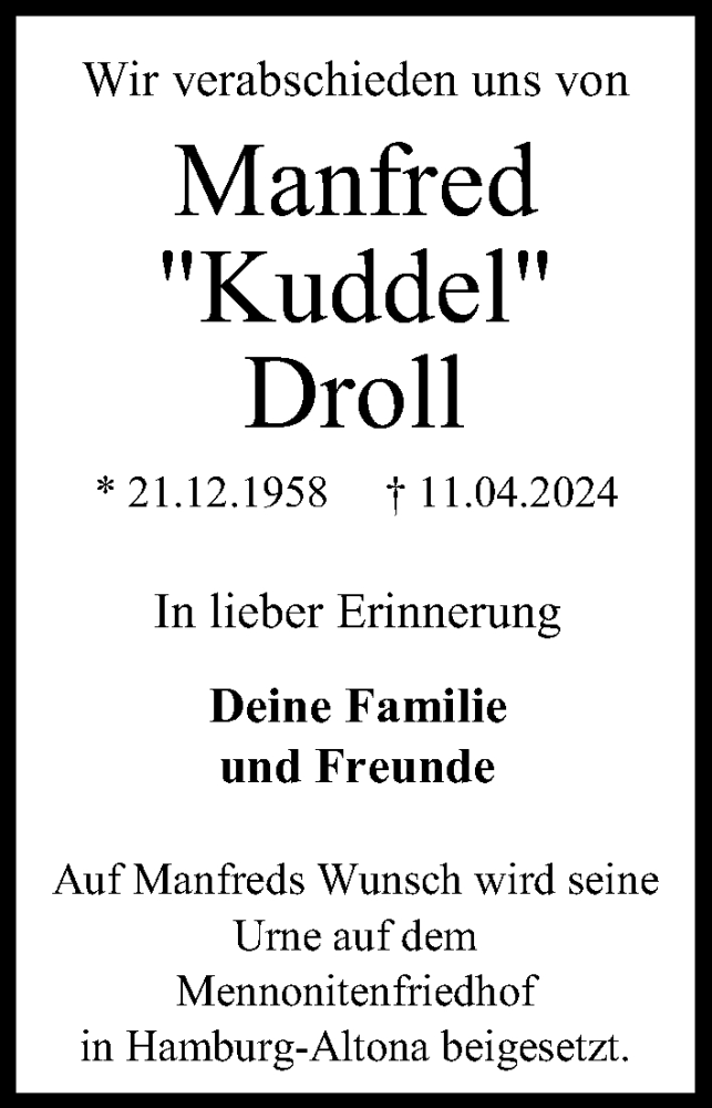  Traueranzeige für Manfred Droll vom 20.04.2024 aus Kieler Nachrichten