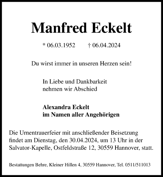 Traueranzeige von Manfred Eckelt von Hannoversche Allgemeine Zeitung/Neue Presse