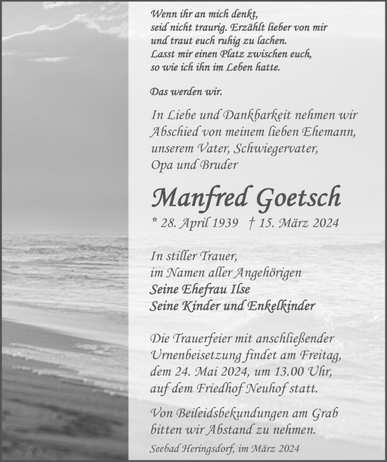 Traueranzeige von Manfred Goetsch von Ostsee-Zeitung GmbH