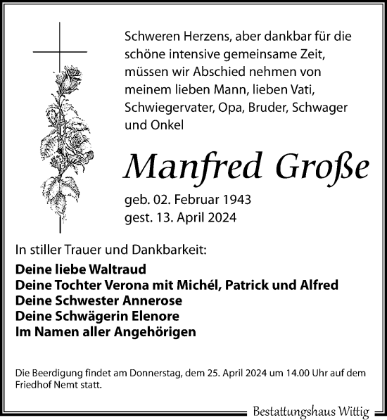 Traueranzeige von Manfred Große von Leipziger Volkszeitung
