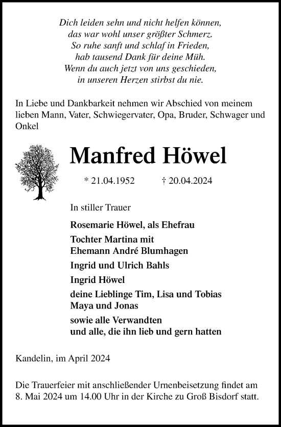 Traueranzeige von Manfred Höwel von Ostsee-Zeitung GmbH