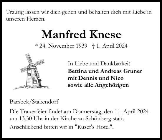 Traueranzeige von Manfred Knese von Kieler Nachrichten