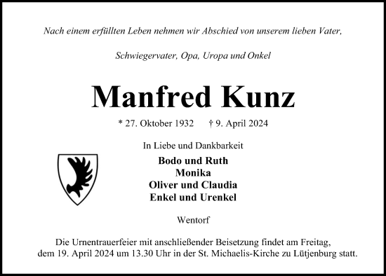 Traueranzeige von Manfred Kunz von Kieler Nachrichten