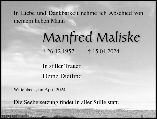 Traueranzeige von Manfred Maliske von Ostsee-Zeitung GmbH