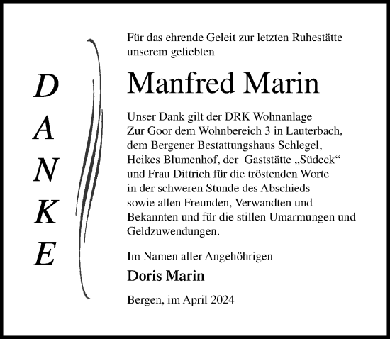 Traueranzeige von Manfred Marin von Ostsee-Zeitung GmbH