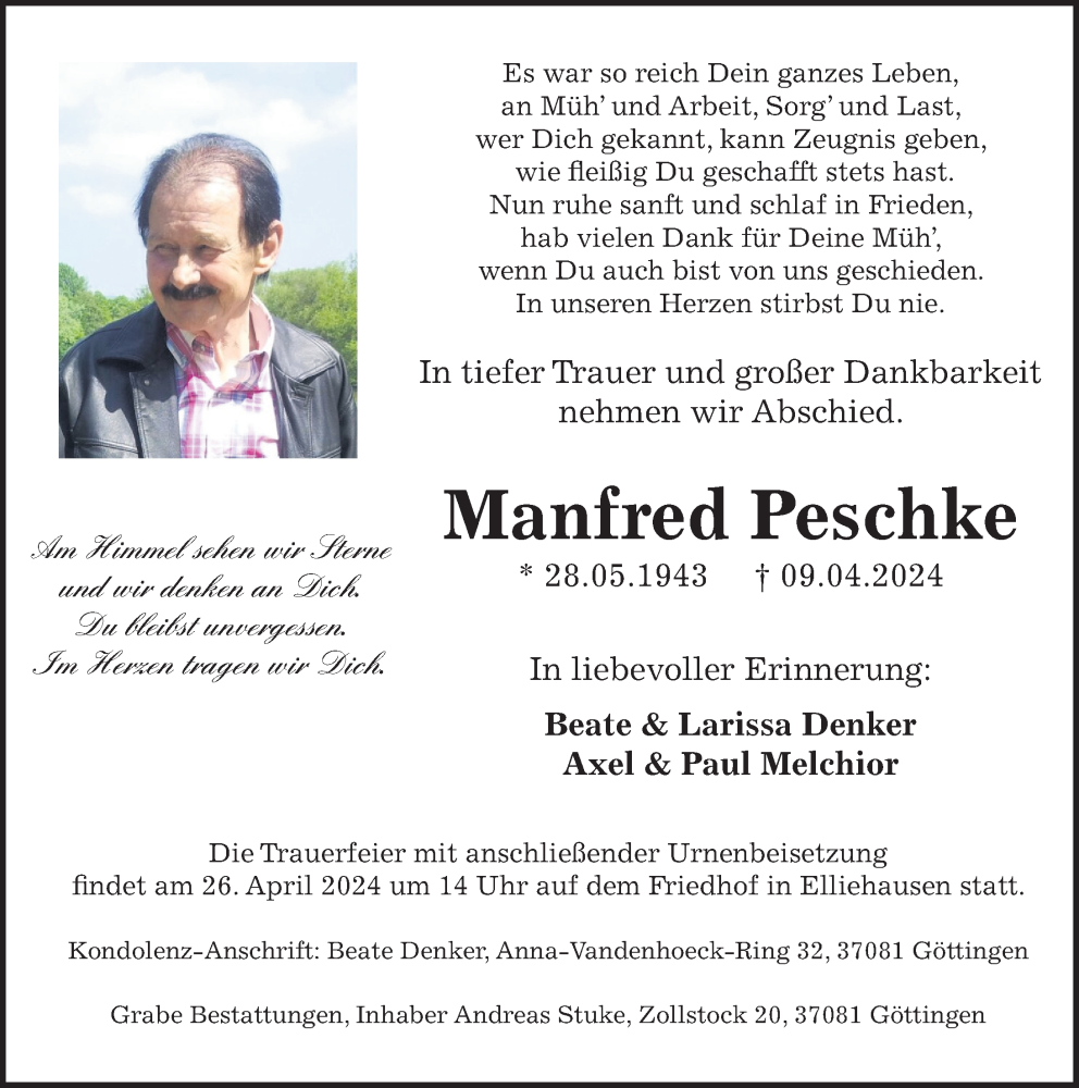  Traueranzeige für Manfred Peschke vom 20.04.2024 aus Göttinger Tageblatt