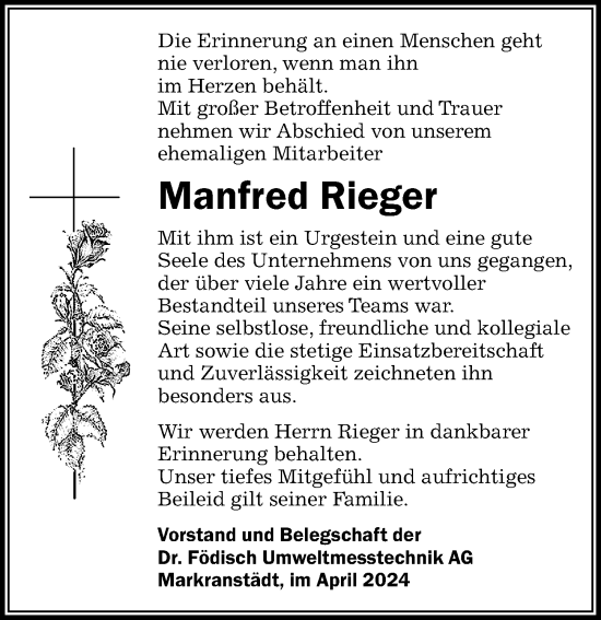 Traueranzeige von Manfred Rieger von Leipziger Volkszeitung