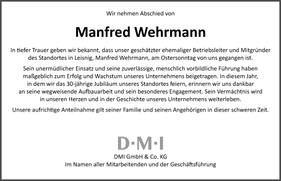 Traueranzeige von Manfred Wehrmann von Leipziger Volkszeitung