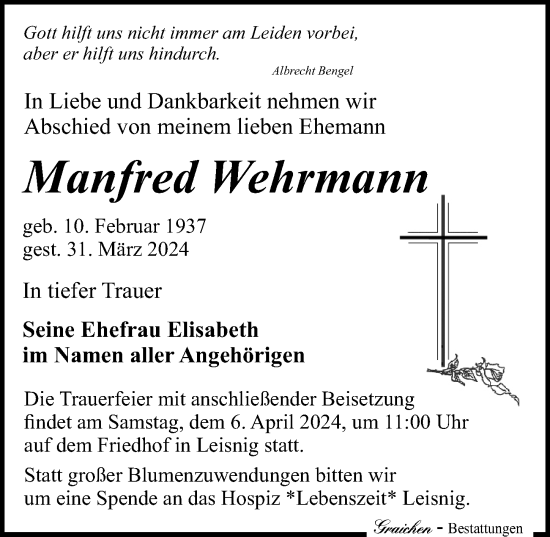 Traueranzeige von Manfred Wehrmann von Leipziger Volkszeitung
