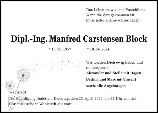 Traueranzeige von Manfred Carstensen Block von Kieler Nachrichten