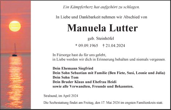 Traueranzeige von Manuela Lutter von Ostsee-Zeitung GmbH