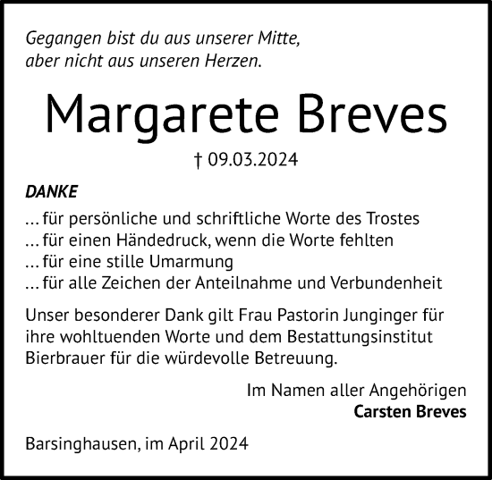 Traueranzeige von Margarete Breves von Hannoversche Allgemeine Zeitung/Neue Presse