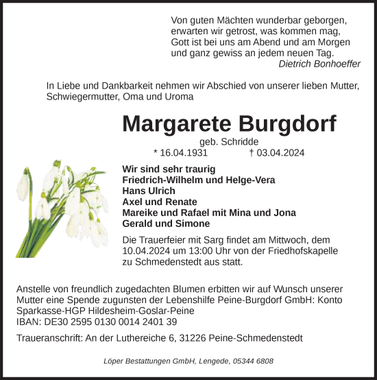 Traueranzeige von Margarete Burgdorf von Peiner Allgemeine Zeitung