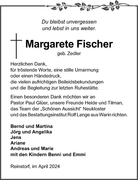 Traueranzeige von Margarete Fischer von Ostsee-Zeitung GmbH