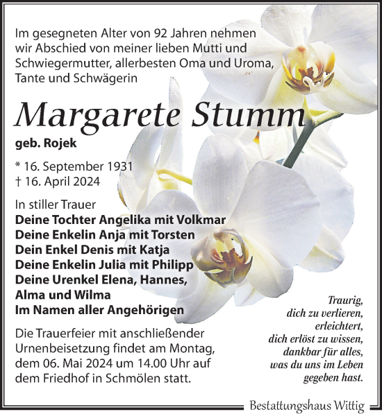 Traueranzeige von Margarete Stumm von Leipziger Volkszeitung