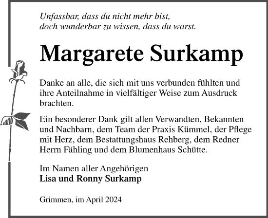 Traueranzeige von Margarete Surkamp von Ostsee-Zeitung GmbH