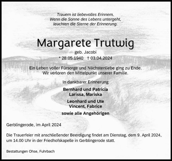 Traueranzeige von Margarete Trutwig von Eichsfelder Tageblatt