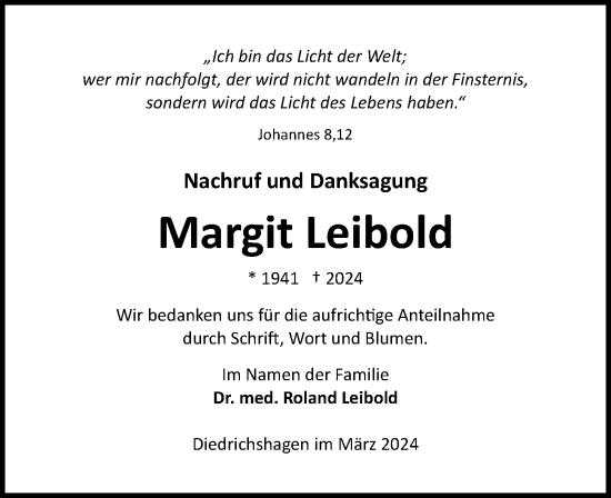 Traueranzeige von Margit Leibold von Ostsee-Zeitung GmbH