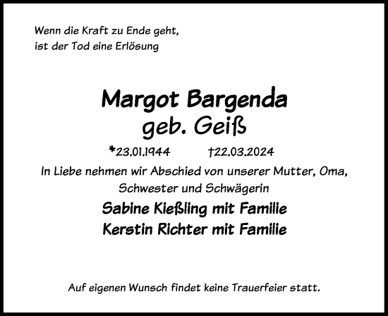 Traueranzeige von Margot Bargenda von Leipziger Volkszeitung