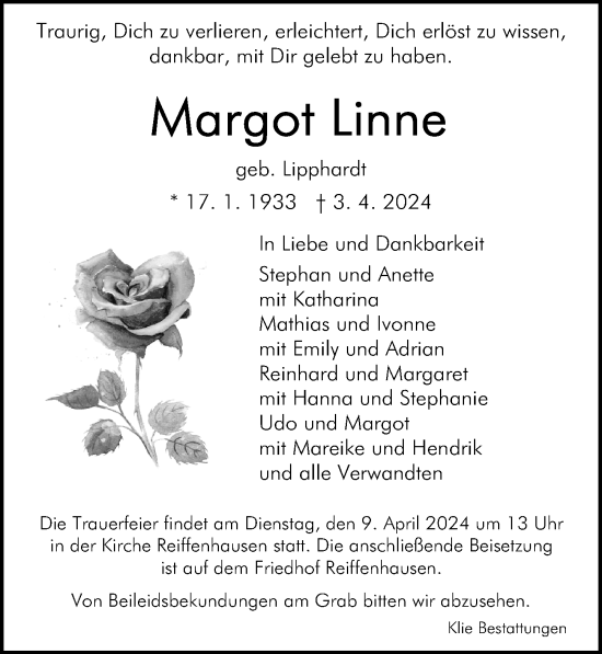 Traueranzeige von Margot Linne von Göttinger Tageblatt