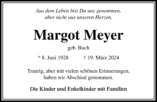 Traueranzeige von Margot Meyer von Lübecker Nachrichten