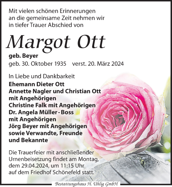 Traueranzeige von Margot Ott von Leipziger Volkszeitung
