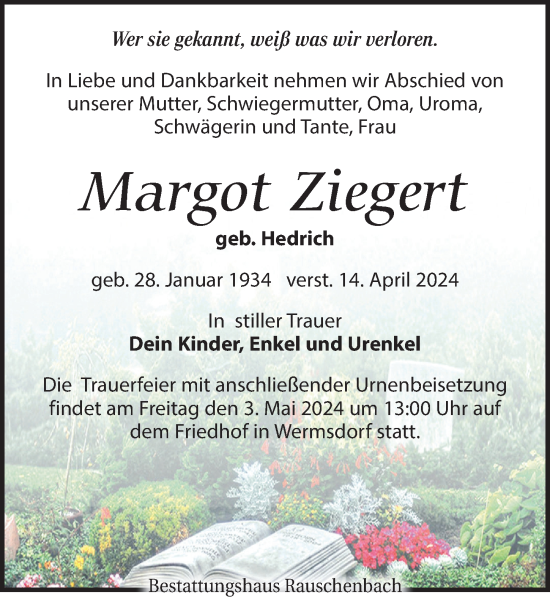 Traueranzeige von Margot Ziegert von Leipziger Volkszeitung