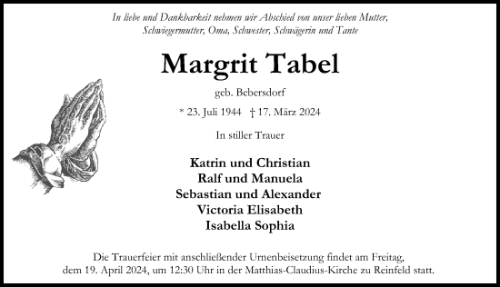 Traueranzeige von Margrit Tabel von Lübecker Nachrichten