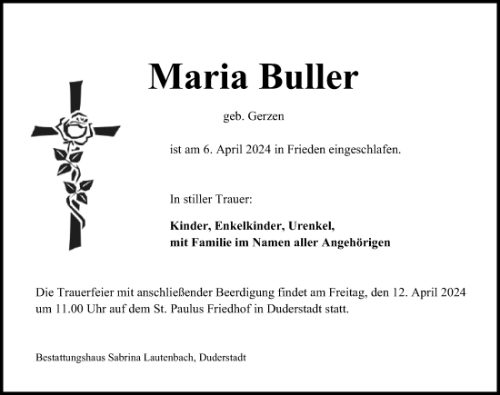 Traueranzeige von Maria Buller von Eichsfelder Tageblatt