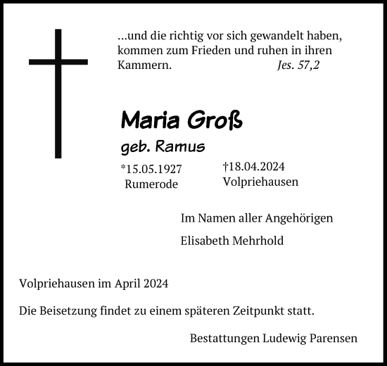 Traueranzeige von Maria Groß von Göttinger Tageblatt