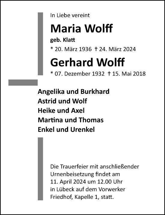 Traueranzeige von Maria Wolff von Lübecker Nachrichten