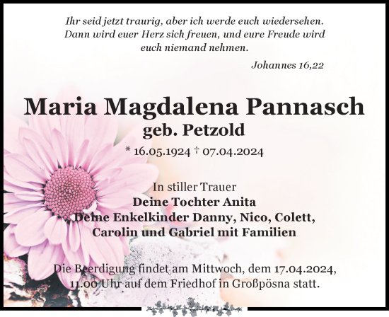 Traueranzeige von Maria Magdalena Pannasch von Leipziger Volkszeitung