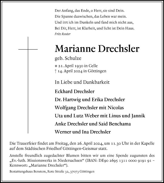 Traueranzeige von Marianne Drechsler von Göttinger Tageblatt