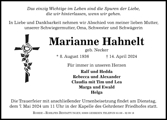 Traueranzeige von Marianne Hahnelt von Hannoversche Allgemeine Zeitung/Neue Presse
