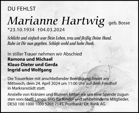 Traueranzeige von Marianne Hartwig von Leipziger Volkszeitung