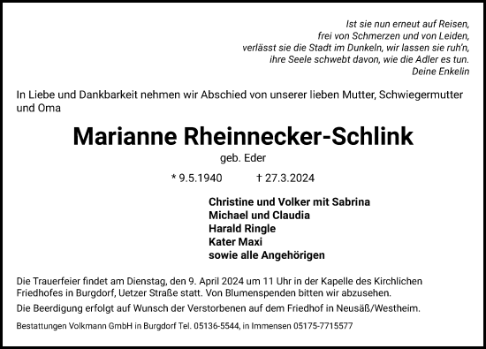 Traueranzeige von Marianne Rheinnecker-Schlink von Hannoversche Allgemeine Zeitung/Neue Presse