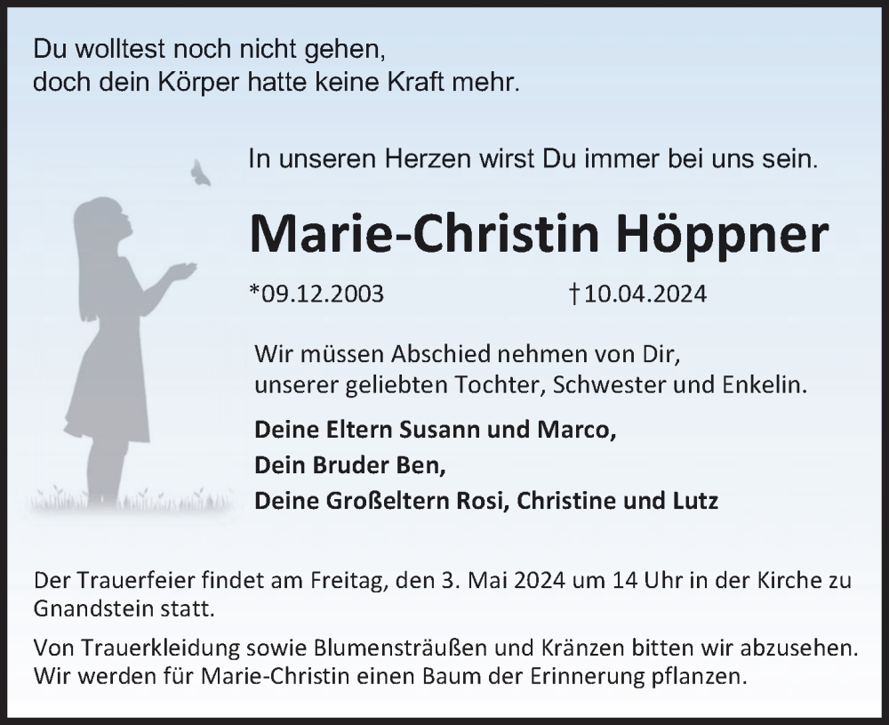  Traueranzeige für Marie-Christin Höppner vom 20.04.2024 aus Leipziger Volkszeitung