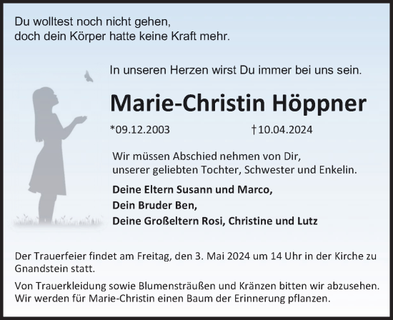 Traueranzeige von Marie-Christin Höppner von Leipziger Volkszeitung