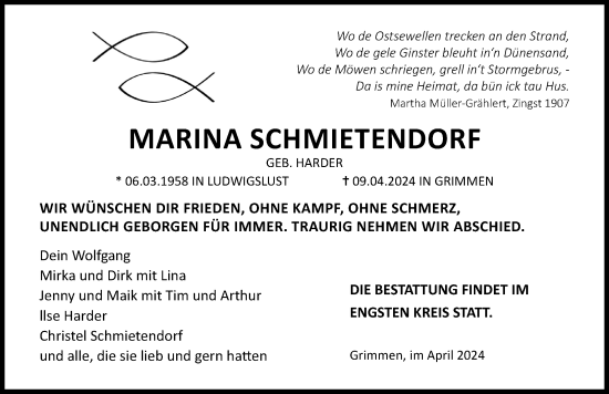 Traueranzeige von Marina Schmietendorf von Ostsee-Zeitung GmbH