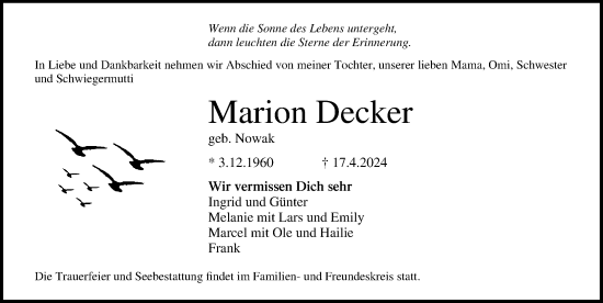 Traueranzeige von Marion Decker von Ostsee-Zeitung GmbH