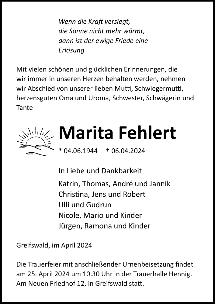  Traueranzeige für Marita Fehlert vom 13.04.2024 aus Ostsee-Zeitung GmbH
