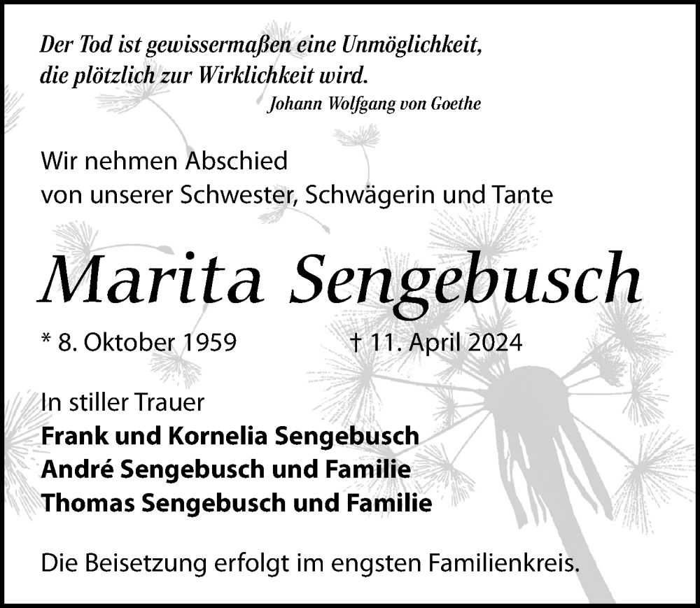  Traueranzeige für Marita Sengebusch vom 20.04.2024 aus Wochenspiegel